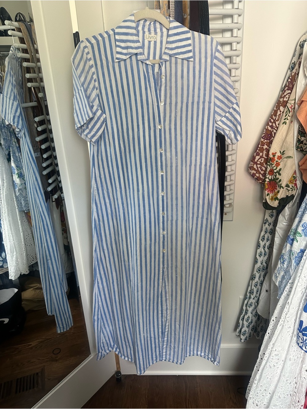 Light Blue & White Striped Midi Shirt Dress by Livro
